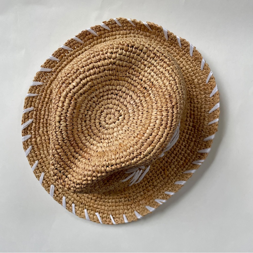 Talbots Straw Fedora White Tropical Fern Leaf Design - Picture 4 of 7